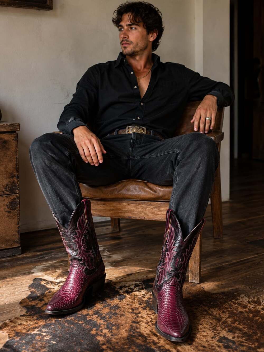 Cuadra Men's Burgundy Snakeskin Leather Western Cowboy Boots